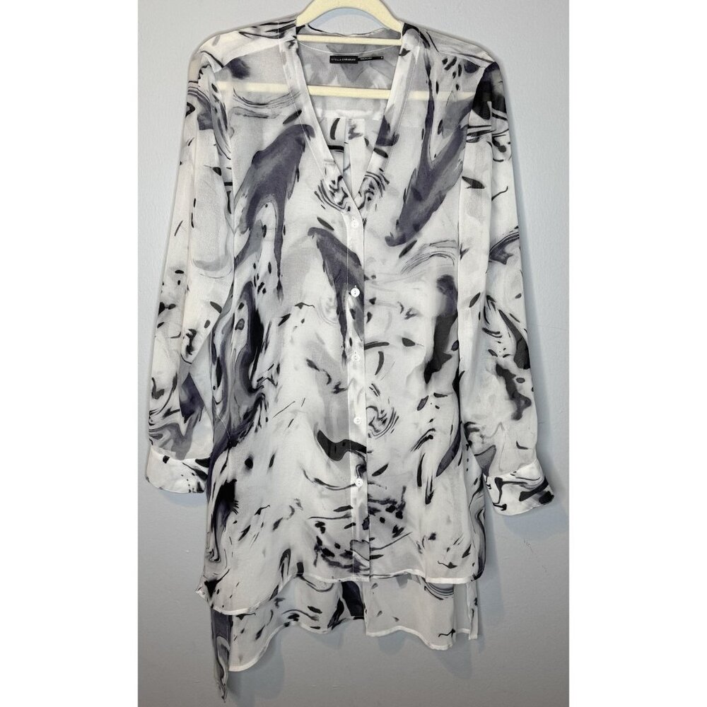 Stella Carakasi Tunic Top Small Long Sleeve Sheer White V Neck Button Front Top